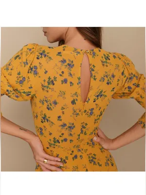 Reformation Winslow Floral Midi Dress Yellow Blue Slit Size 0 thumbnail 15