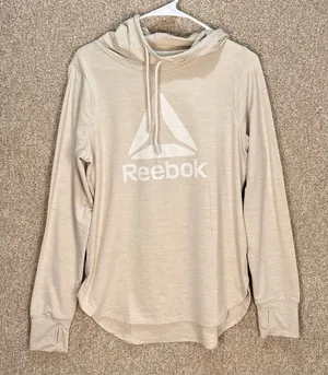 Reebok tan white marbled long sleeve tshirt hooded drawstring thumb holes‎ comfy thumbnail 1