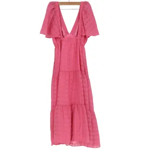 Stile Collection Pink Tiered Maxi Dress Flutter Sleeve V-Neck Checkered Medium thumbnail 4