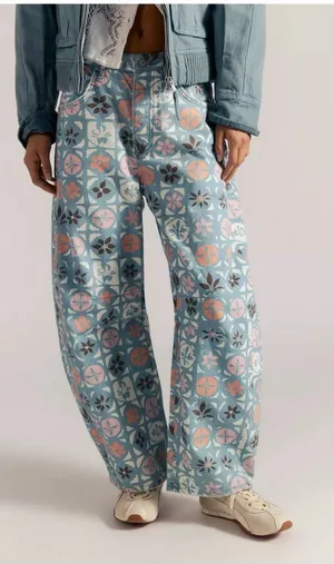 NWOT Free People We The Free Good Luck Printed Barrel Jeans - Jade Combo - 26 thumbnail 1