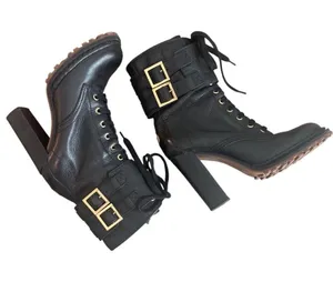 Tory Burch Combat Boots Black Leather Double Buckle Heeled Moto Size 9 thumbnail 1