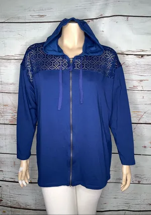 LOGO Lounge Lori Goldstein 2X Blue - Eyelet Lace Zip Front Knit Jacket w/ Hood thumbnail 1