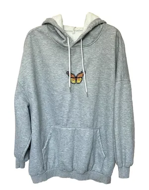 Hoodie Women’s XL Sweatshirt Embroidered Butterfly Grey Fairy Grunge Kidcore thumbnail 1