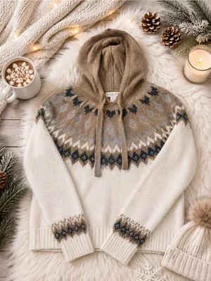 Rachel Zoe Cream and Tan Nordic‎ Hooded Knit Sweater with Gray Accents thumbnail 2