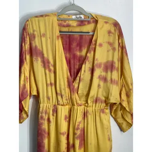 Privacy Please Faux Wrap Dress Small Yellow Tie Dye Summer Hippie Beachy thumbnail 4