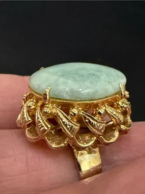 Vintage Gold-plated Jade Jadeite Stone Cabochon Cocktail Ring Size 6 thumbnail 10