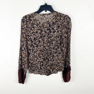 SANDRO Baroque Brown Paisley Print Sheer Lace Trim Blouse Size Small Boho Chic thumbnail 2