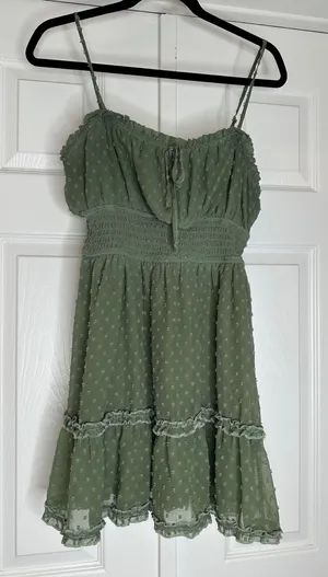 Trixxi Sage Green Swiss Dot Smocked Mini Dress Size Small Boho Cottagecore thumbnail 1