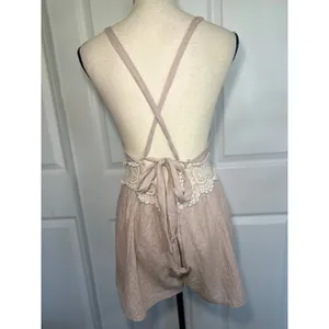 Sage‎ Romper Boho Crochet Lace Medium Beige Open Back Deep V-Neck USA Made thumbnail 3