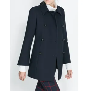 ZARA Double Breasted Wool Blend Short Coat Lined Peacoat Navy Blue Women's S thumbnail 2