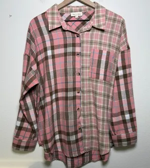 Vanilla Bay‎ Women Button Front Shirt Flannel Pink Brown Patchwork Cabin Western thumbnail 1