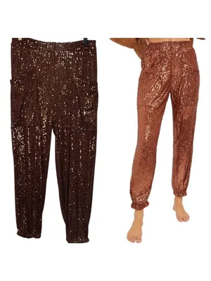 Free People Morelia Bronze Sequin Jogger Pants Sz M Shiny Sparkly Party Festival thumbnail 2