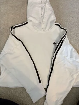 Adidas White Crop Hoodie Women’s Sweatshirt 3 Stripes Embroidered thumbnail 1