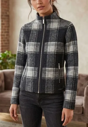Armani Exchange 100% Wool Black Plaid Full Zip Jacket Cabincore Womens Sz S thumbnail 1