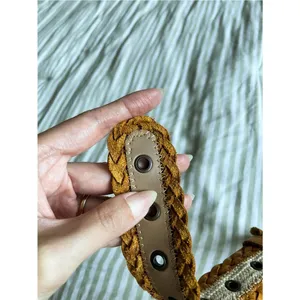 Woven Leather and Canvas Grommet Belt Wrapped Buckle One Size Cognac and Cream thumbnail 6