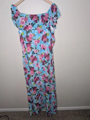 Betsey Johnson Floral Maxi Dress Off-Shoulder Ruffle Sleeves Pink Blue Size 14 thumbnail 7