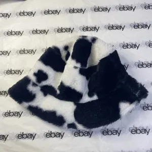 Cow Print Faux Fur Bucket Hat Black & White Fluffy Y2K Unisex thumbnail 2