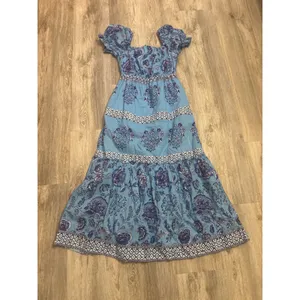 Celina Moon Blue Floral Cotton Tiered Midi Dress Smocked Boho‎ Size Small thumbnail 6