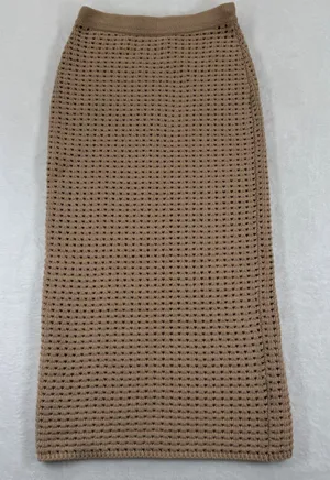 Reformation XS‎ Tan Organic Cotton Open Knit Crochet Midi Skirt Pointelle Camel thumbnail 1
