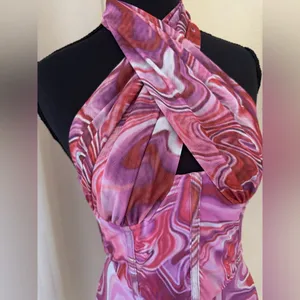 Bardot Pink Tie Dye Mesh Halter Mini Dress XS Y2K Bodycon Ruched thumbnail 4