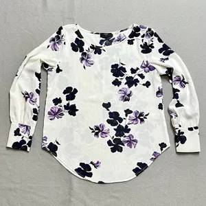 Tahari T Womens Floral Blouse Purple Navy White Long Sleeve Top Size‎ 4 Workwear thumbnail 1