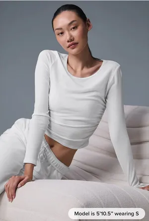 Alo Yoga Gather Long Sleeve Top in White or Ivory thumbnail 1