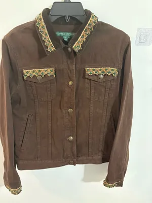 Vintage 90s Lauren Jeans Co Ralph Lauren Beaded Denim Jacket - Brown Embellished Trucker - Size L thumbnail 1