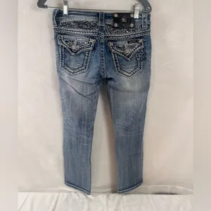 Miss Me Cuffed Capri Cropped Blue Denim Jeans Jewel Flap Back Pockets Size 25 thumbnail 4