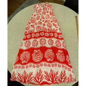 Calypso‎ St Barth Maxi Dress Red White Linen Blend Shells Boho Resort Size XS thumbnail 4