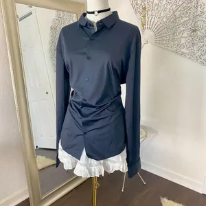 Source Unknown NWOT Navy Blue Satin Button Up Blouse Size XL thumbnail 3