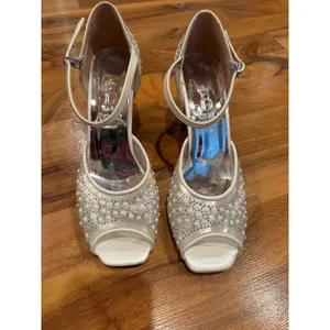 Bridal Smilee Block Heels Women 39 Ivory Pearl Rhinestone Peep Toe Strap Wedding thumbnail 2
