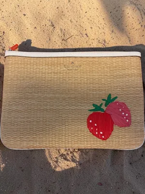 Kate Spade HAND MADE Straw Woven Pouch with Strawberry Embroidery. thumbnail 2
