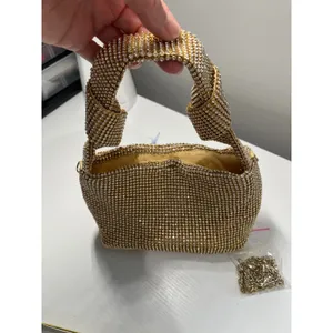 Gold Rhinestone Mesh Knotted‎ Handle Evening Handbag with Detachable Chain Strap thumbnail 3