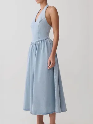 NWT MESHKI miller Light Blue Halter Midi Dress denim wash size XL thumbnail 4