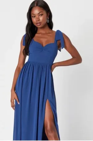 LULU'S Radiant Charisma Blue Chiffon Tie Striped Maxi Dress Size L‎ thumbnail 1