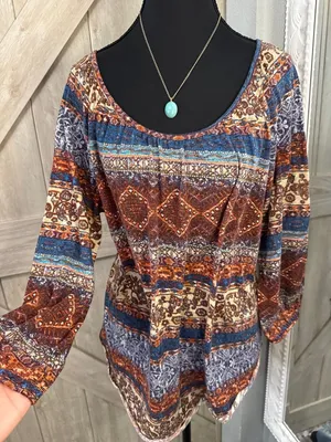 Tru Self Women XL Boho Tapestry Print Tunic Top Rust Blue 3/4 Sleeve Scoop Neck thumbnail 1