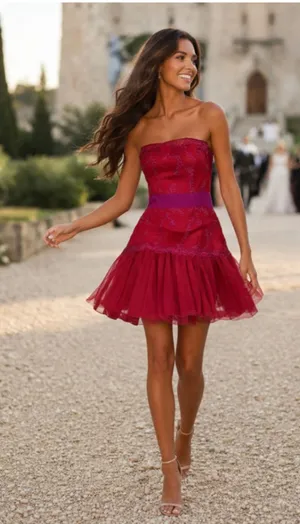 Pearl‎ Marchesa Mini Dress Red Strapless Embroidered Tulle Cocktail Glamour Luxe thumbnail 1