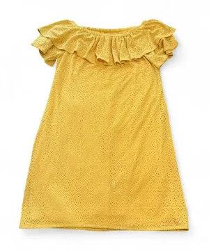 Yellow Eyelet Off The Shoulder‎ Ruffle Cottagecore Derby Shift Dress Size 6 thumbnail 1