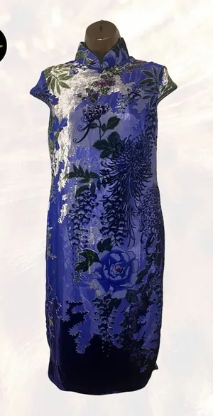 Blue Floral Cheongsam Midi Dress Size M thumbnail 1