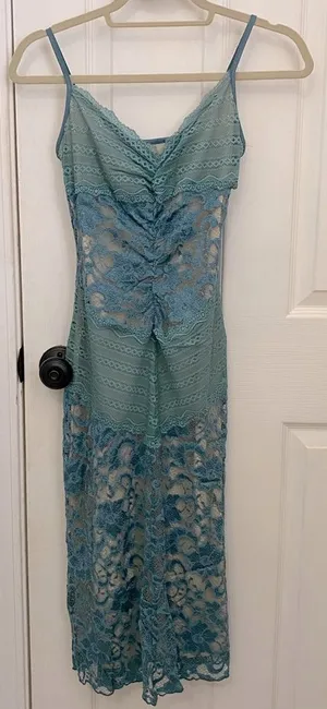 True Meaning Nude and Blue Lace Spaghetti Strap Dress thumbnail 1