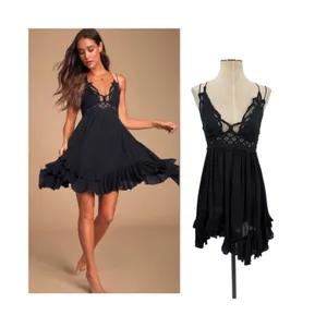 Free People FP One Adella Slip Dress Black Crochet Lace Boho Mini Dress Size S thumbnail 2