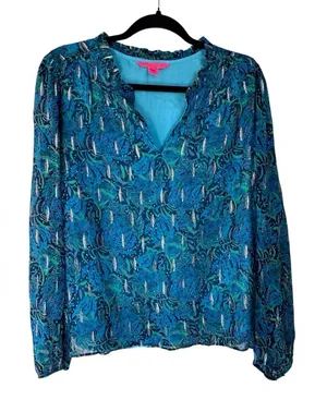 Lilly Pulitzer Blue Cat Print Blouse Long Sleeve‎ V Neck Lightweight Ruffle SZ S thumbnail 1
