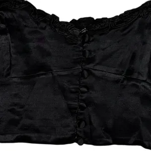 Zara Ruffled Satin Crop Top Adjustable Straps Front Buttons Smocked Back M Black thumbnail 9