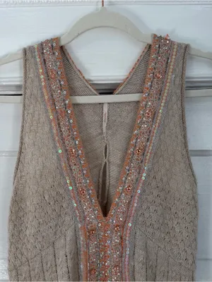Free People Beaded Knit Mini Dress in Beige with Sequin Trim thumbnail 2