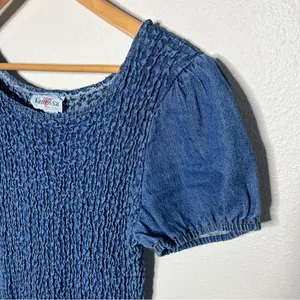 Vintage 90s Smocked Puff Sleeve Drop Waist Pleated Denim Maxi Dress thumbnail 6