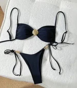 SHEIN Black Bikini w/ Gold Shell Accents Size Small MINIMALIST CLASSIC thumbnail 1
