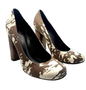 Tory Burch Brown & Cream Fabric "Bria" Stacked Heel Pumps (5m) thumbnail 1