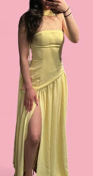 yellow strapless maxi dress with high side slit and dupatta neck scarf thumbnail 1