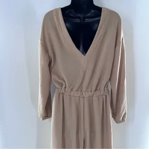 WinWin Refuge Tan Textured Knit Fabric Long Sleeve Jumpsuit w/Deep V Back-Sz S thumbnail 6