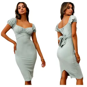 Angel Biba Dress Women Medium Green Knit‎ Sweetheart Neck Tie Waist Sheath Midi thumbnail 2